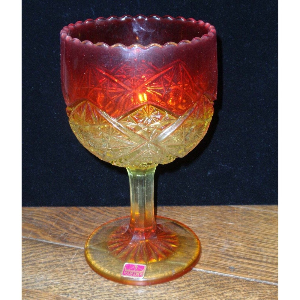 Vintage VikingTwo Tone Orange Yellow Pedestal Goblet Style Candy Dish Glows 8"